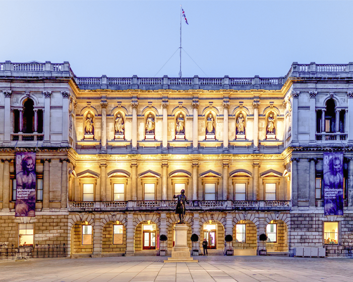 Ornate building facade at dusk
